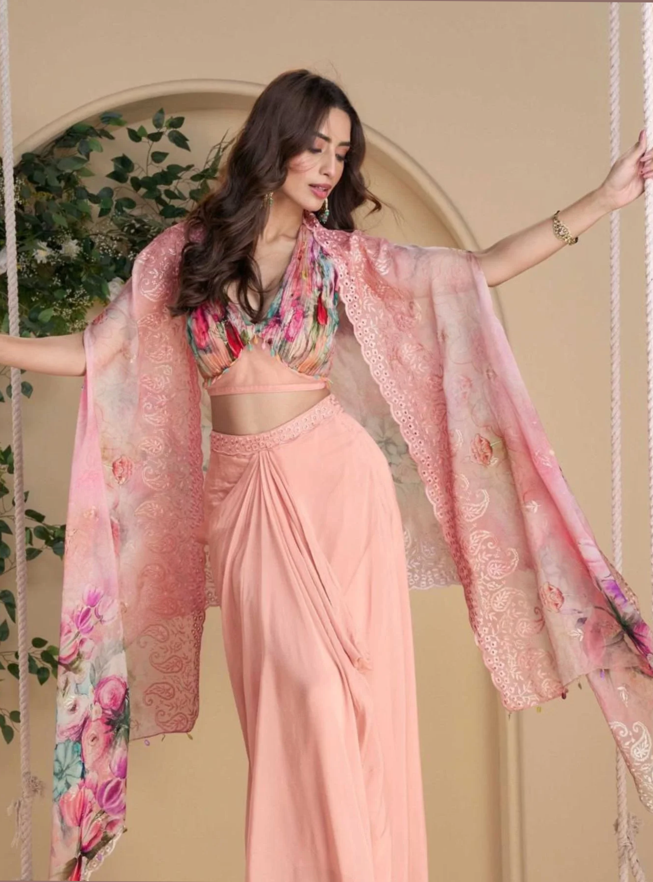 Wonaya Sayuri Chinon Indo Western Pair With Digital Floral Cape Designer Outfit