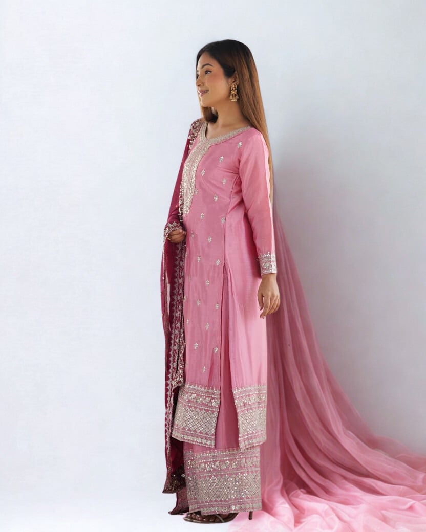 Designer Chinon Silk Festival Wear Set with Heavy Sequence Embroidery – Top, Bottom & Dupatta (Ready to Wear)