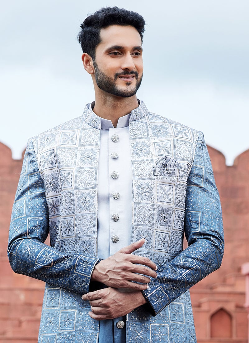 Navy Blue Art Silk Embroidered Indowestern Sherwani Wedding Wear