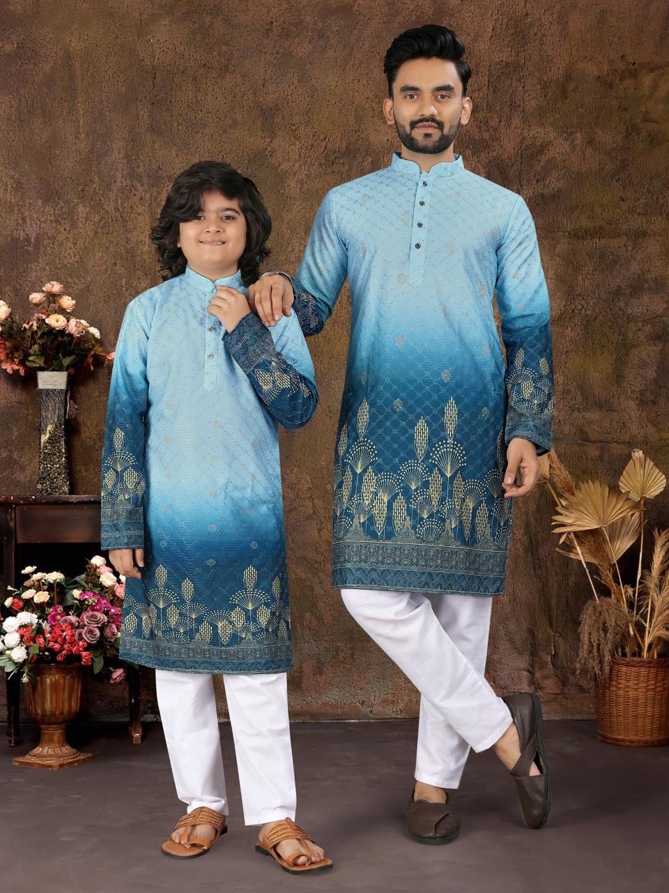Multicolour Crochet Work Cotton Kurta Set for Men & Kids | Festive Desi Look