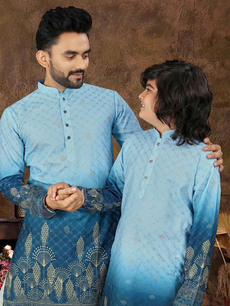 Multicolour Crochet Work Cotton Kurta Set for Men & Kids | Festive Desi Look