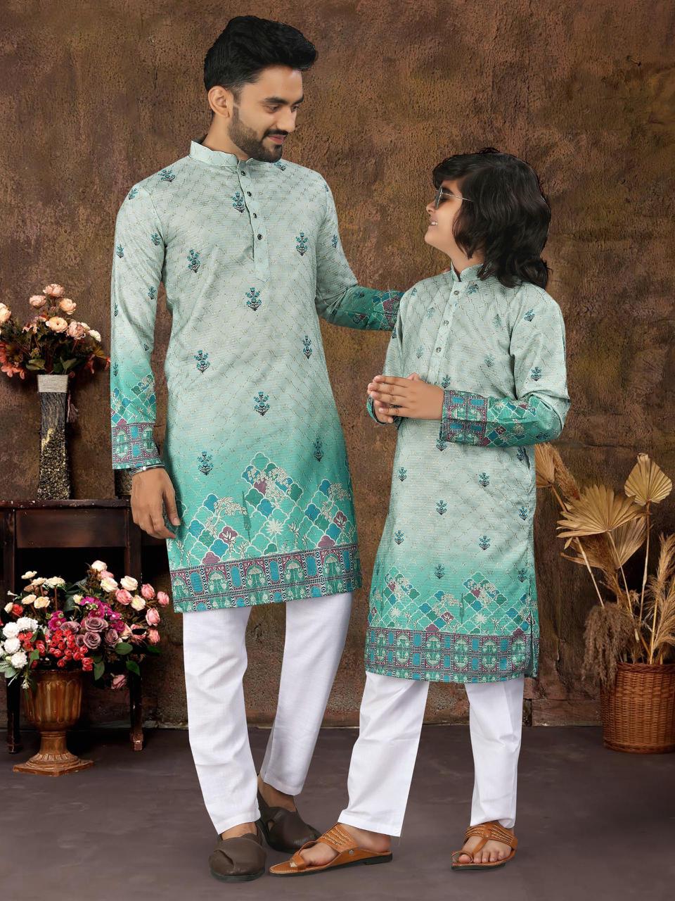 Multicolour Crochet Work Cotton Kurta Set for Men & Kids | Festive Desi Look