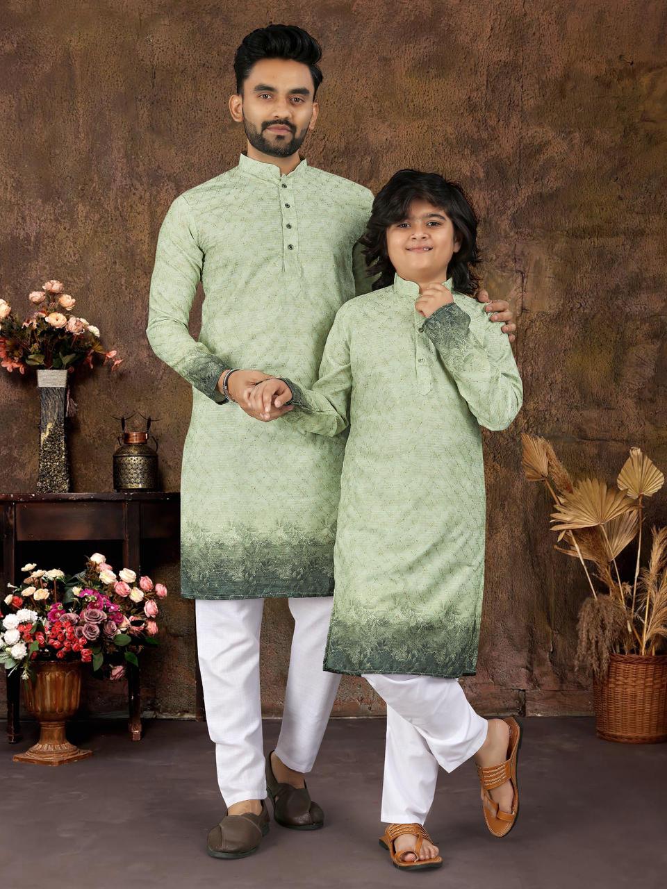 Multicolour Crochet Work Cotton Kurta Set for Men & Kids | Festive Desi Look