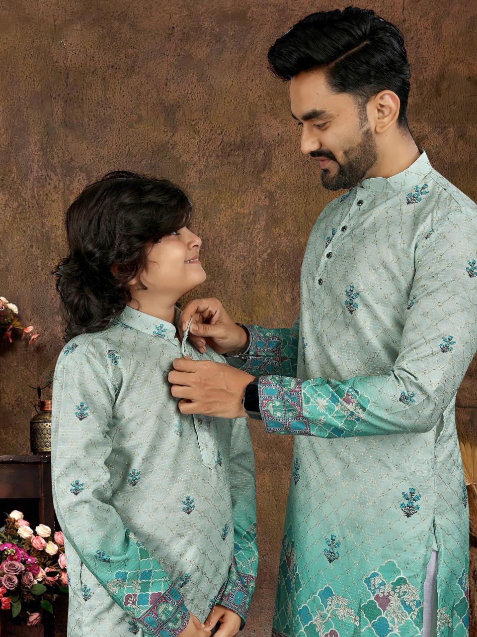 Multicolour Crochet Work Cotton Kurta Set for Men & Kids | Festive Desi Look