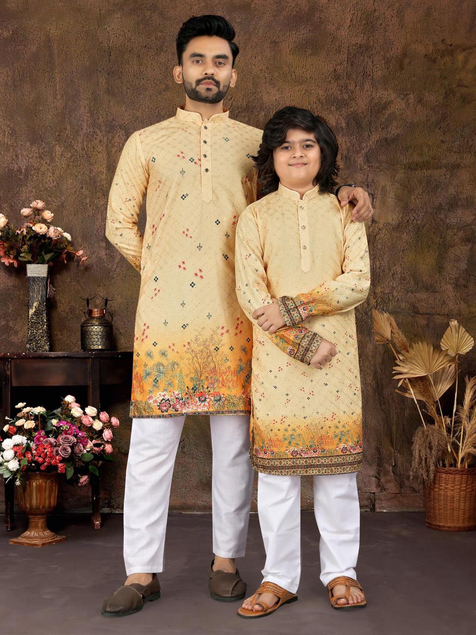 Multicolour Crochet Work Cotton Kurta Set for Men & Kids | Festive Desi Look