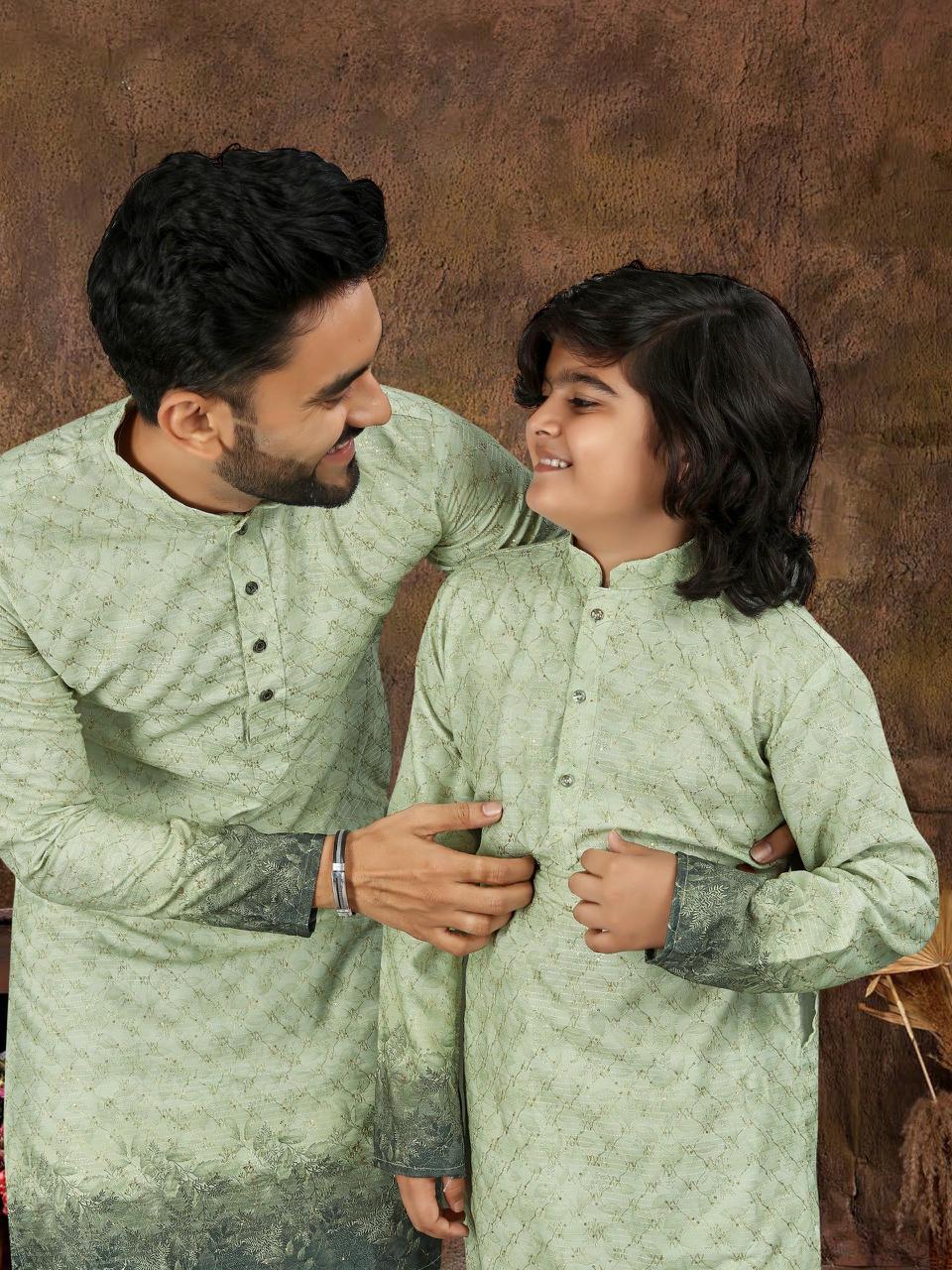Multicolour Crochet Work Cotton Kurta Set for Men & Kids | Festive Desi Look