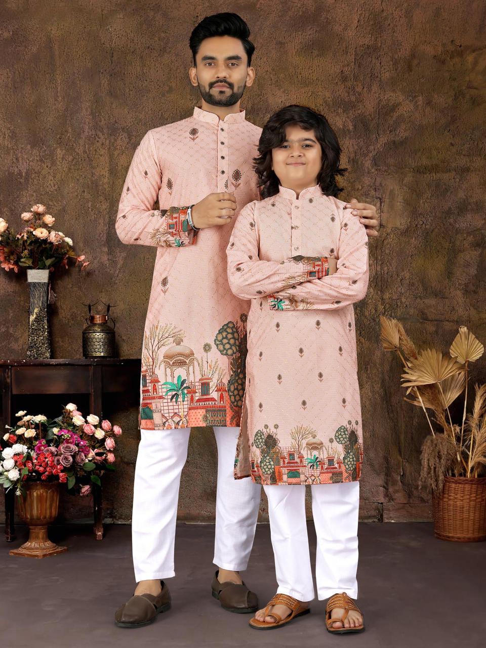 Multicolour Crochet Work Cotton Kurta Set for Men & Kids | Festive Desi Look