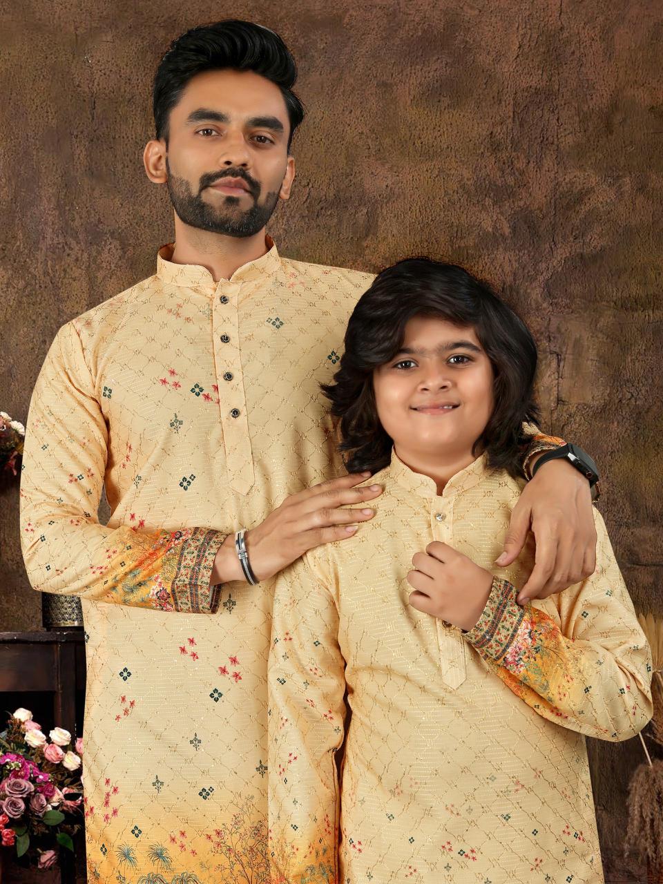 Multicolour Crochet Work Cotton Kurta Set for Men & Kids | Festive Desi Look