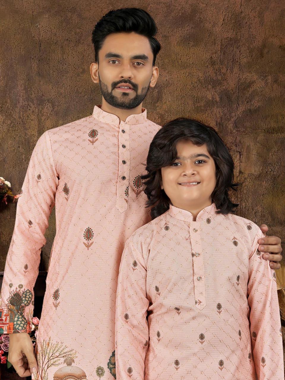 Multicolour Crochet Work Cotton Kurta Set for Men & Kids | Festive Desi Look