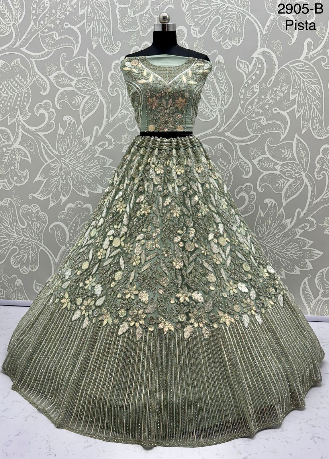 Eye-Catchy Designer Lehenga Choli with Zircon Diamond & Sequins Work – Available in Pista Green, White, Gold & Lilac | Code: 2905