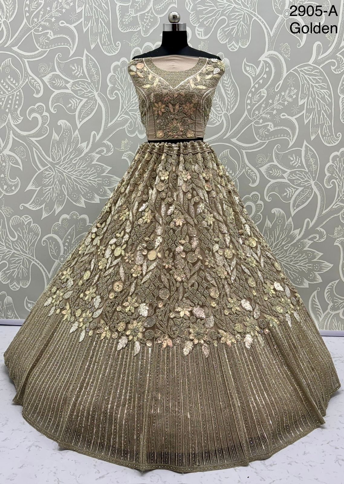 Eye-Catchy Designer Lehenga Choli with Zircon Diamond & Sequins Work – Available in Pista Green, White, Gold & Lilac | Code: 2905