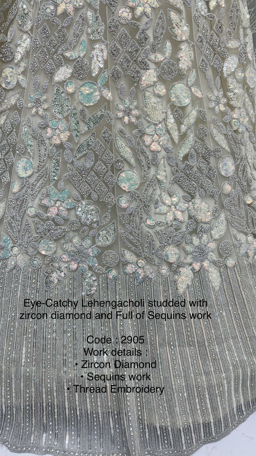 Eye-Catchy Designer Lehenga Choli with Zircon Diamond & Sequins Work – Available in Pista Green, White, Gold & Lilac | Code: 2905