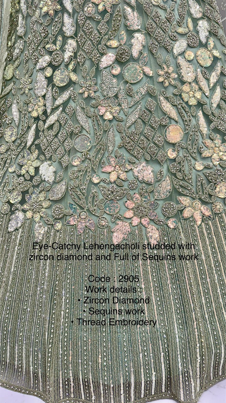 Eye-Catchy Designer Lehenga Choli with Zircon Diamond & Sequins Work – Available in Pista Green, White, Gold & Lilac | Code: 2905