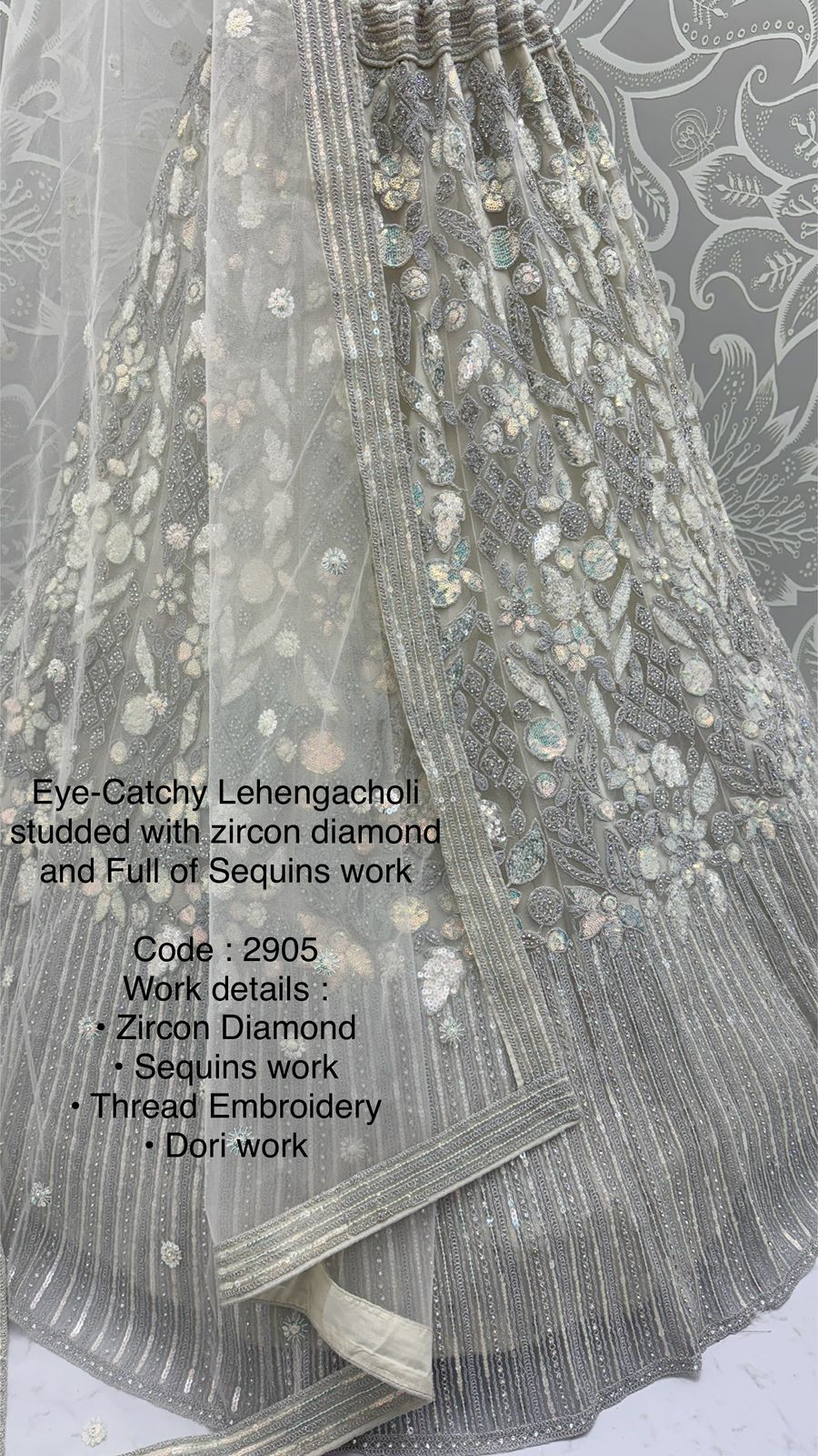 Eye-Catchy Designer Lehenga Choli with Zircon Diamond & Sequins Work – Available in Pista Green, White, Gold & Lilac | Code: 2905