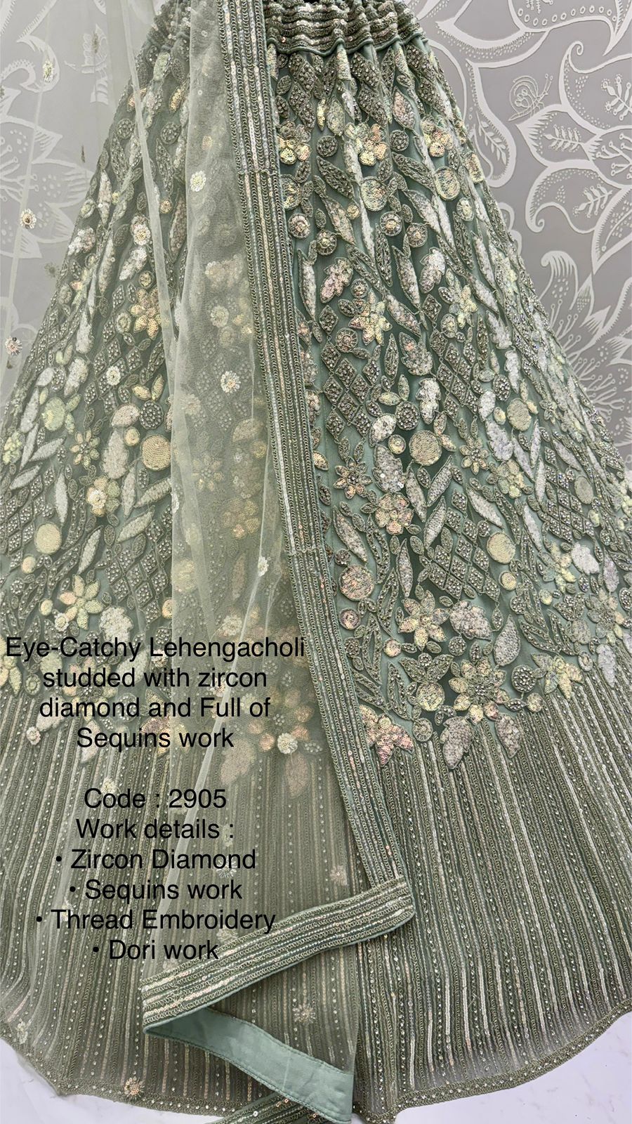 Eye-Catchy Designer Lehenga Choli with Zircon Diamond & Sequins Work – Available in Pista Green, White, Gold & Lilac | Code: 2905