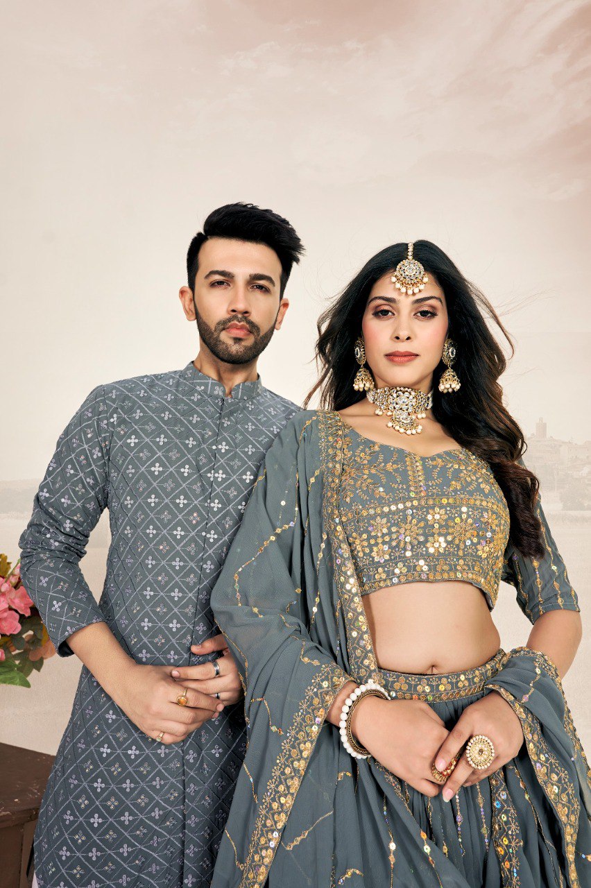 Couple Wear 3 – Grey Georgette Lehenga & Men’s Kurta Set | New Launch