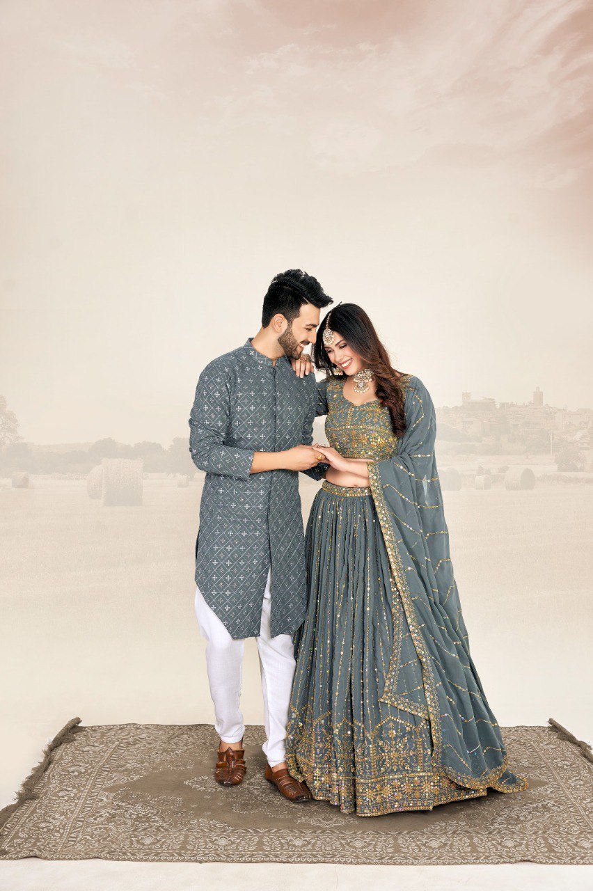 Couple Wear 3 – Grey Georgette Lehenga & Men’s Kurta Set | New Launch