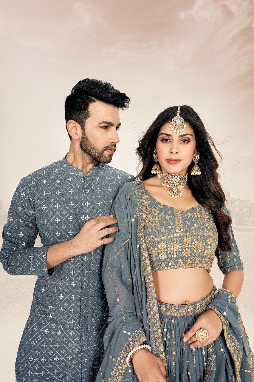 Couple Wear 3 – Grey Georgette Lehenga & Men’s Kurta Set | New Launch