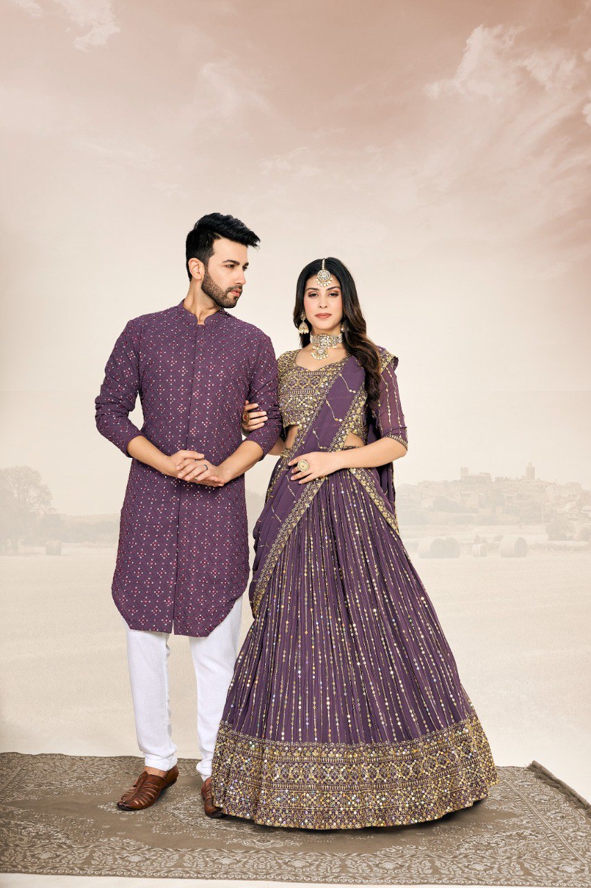 Couple Wear 3 – Purple Georgette Lehenga & Men’s Kurta Set | New Launch