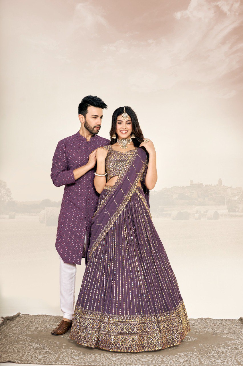 Couple Wear 3 – Purple Georgette Lehenga & Men’s Kurta Set | New Launch