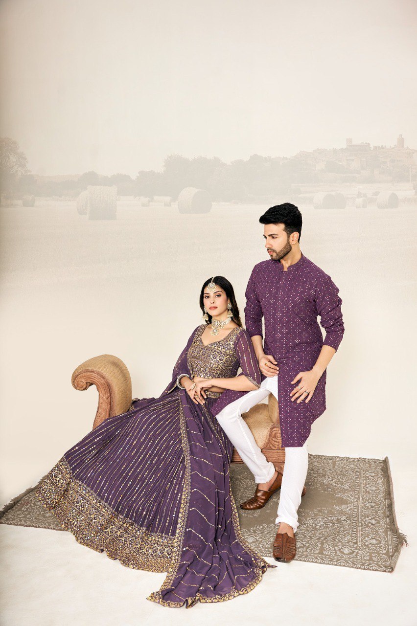 Couple Wear 3 – Purple Georgette Lehenga & Men’s Kurta Set | New Launch
