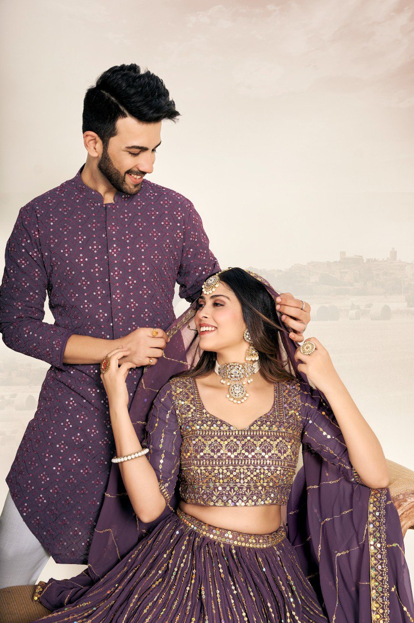 Couple Wear 3 – Purple Georgette Lehenga & Men’s Kurta Set | New Launch