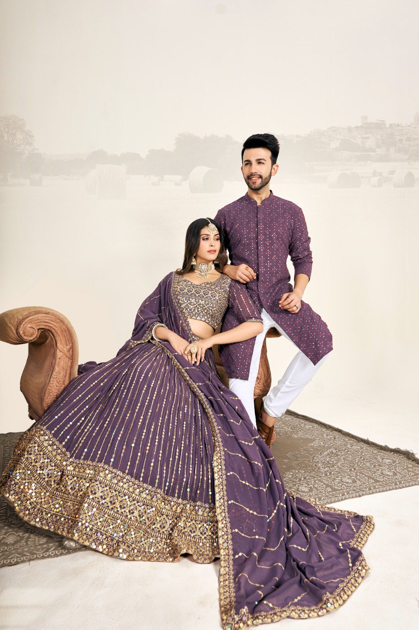 Couple Wear 3 – Purple Georgette Lehenga & Men’s Kurta Set | New Launch