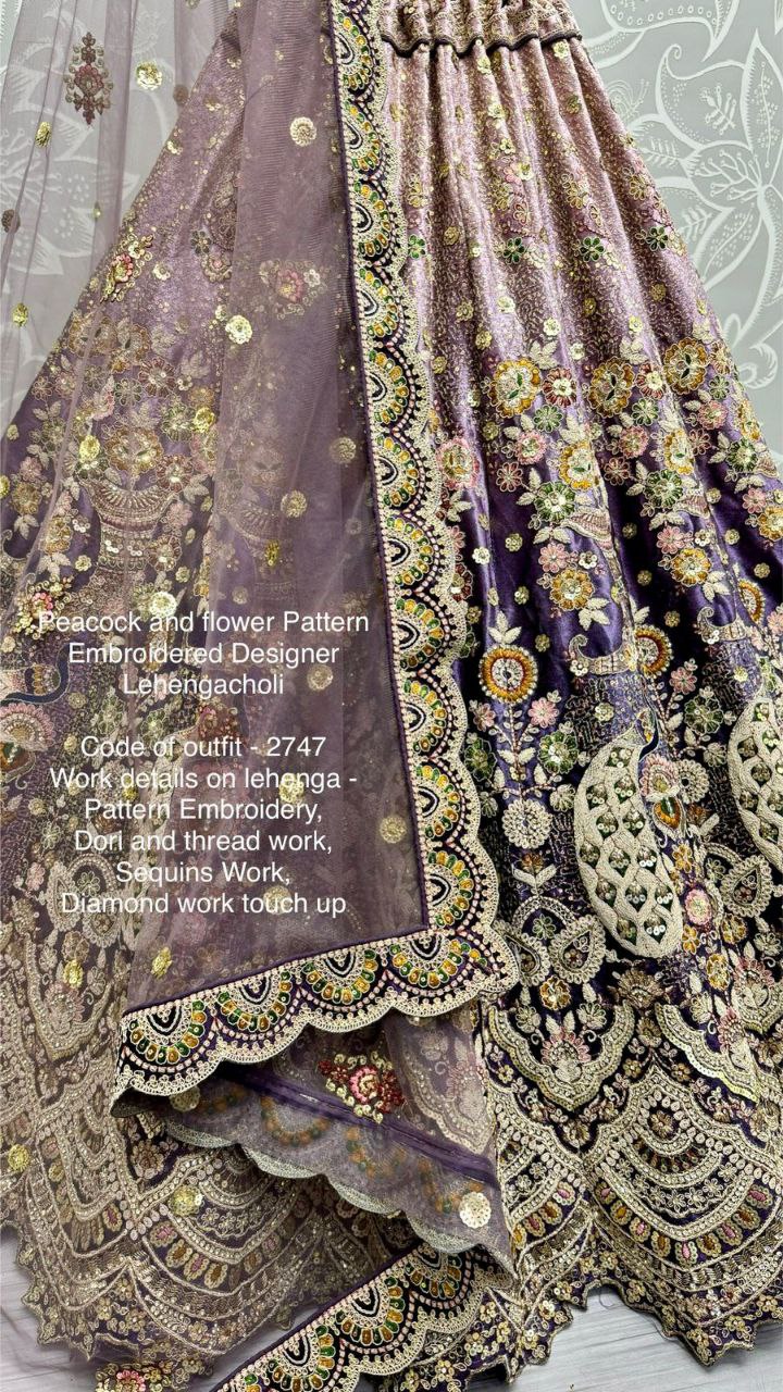 Peacock & Floral Pattern Embroidered Velvet Designer Lehenga Choli | Code: 2747