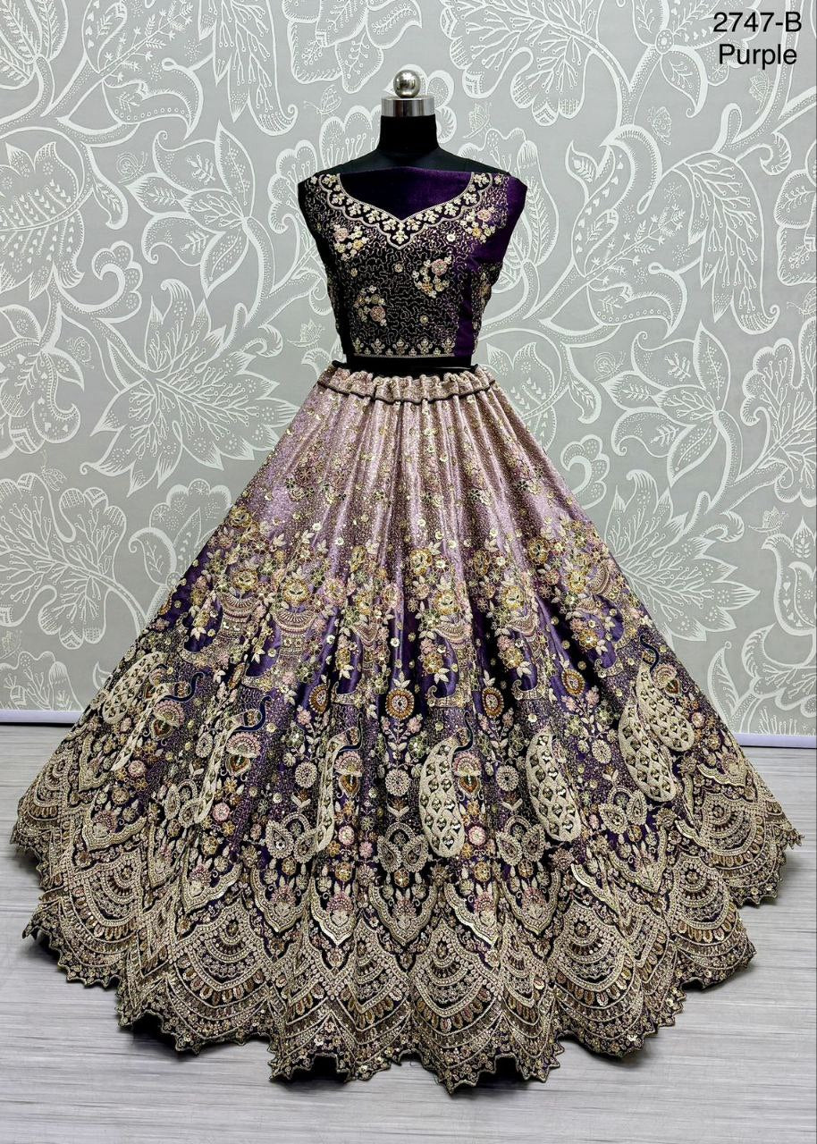 Peacock & Floral Pattern Embroidered Velvet Designer Lehenga Choli | Code: 2747