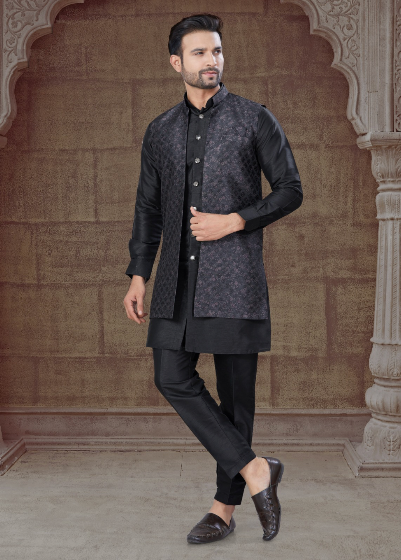 Jacket With Tone To Tone Front Open Kurta Pajama Collection