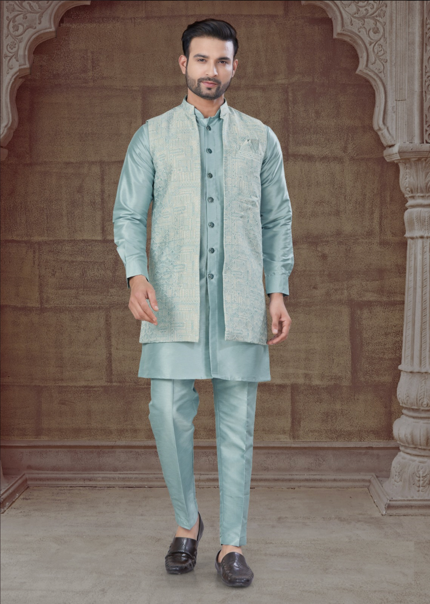 Jacket With Tone To Tone Front Open Kurta Pajama Collection