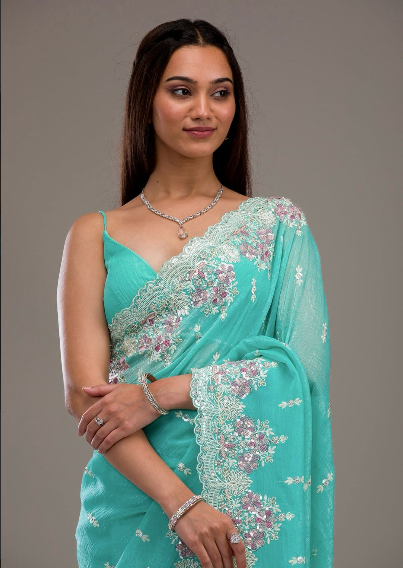 Heavy Embroidery & Sequins Work Saree with Fancy CutWork Border