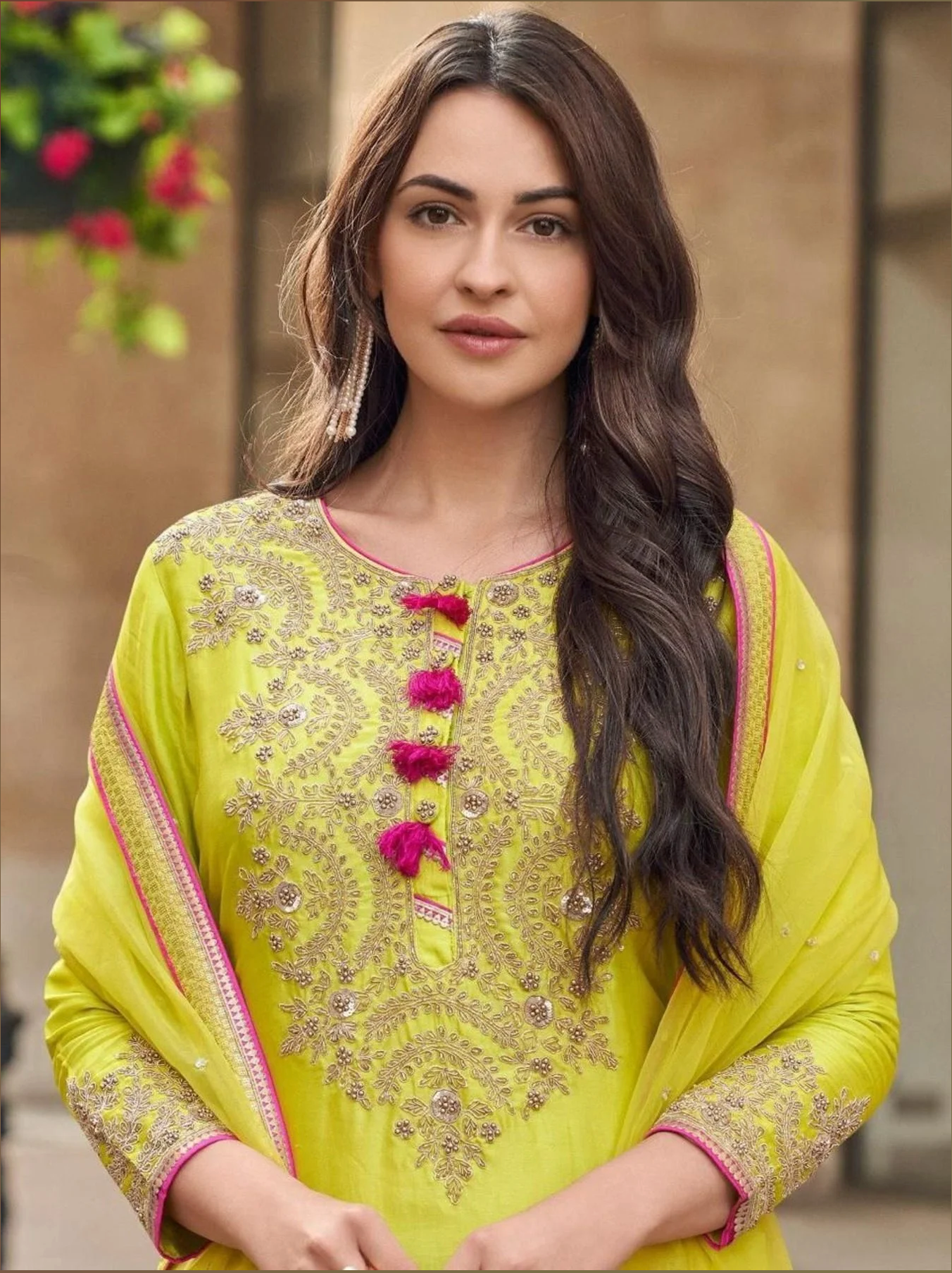 Lime Green Elegant Fully Stitched Fox Georgette Palazzo Suit