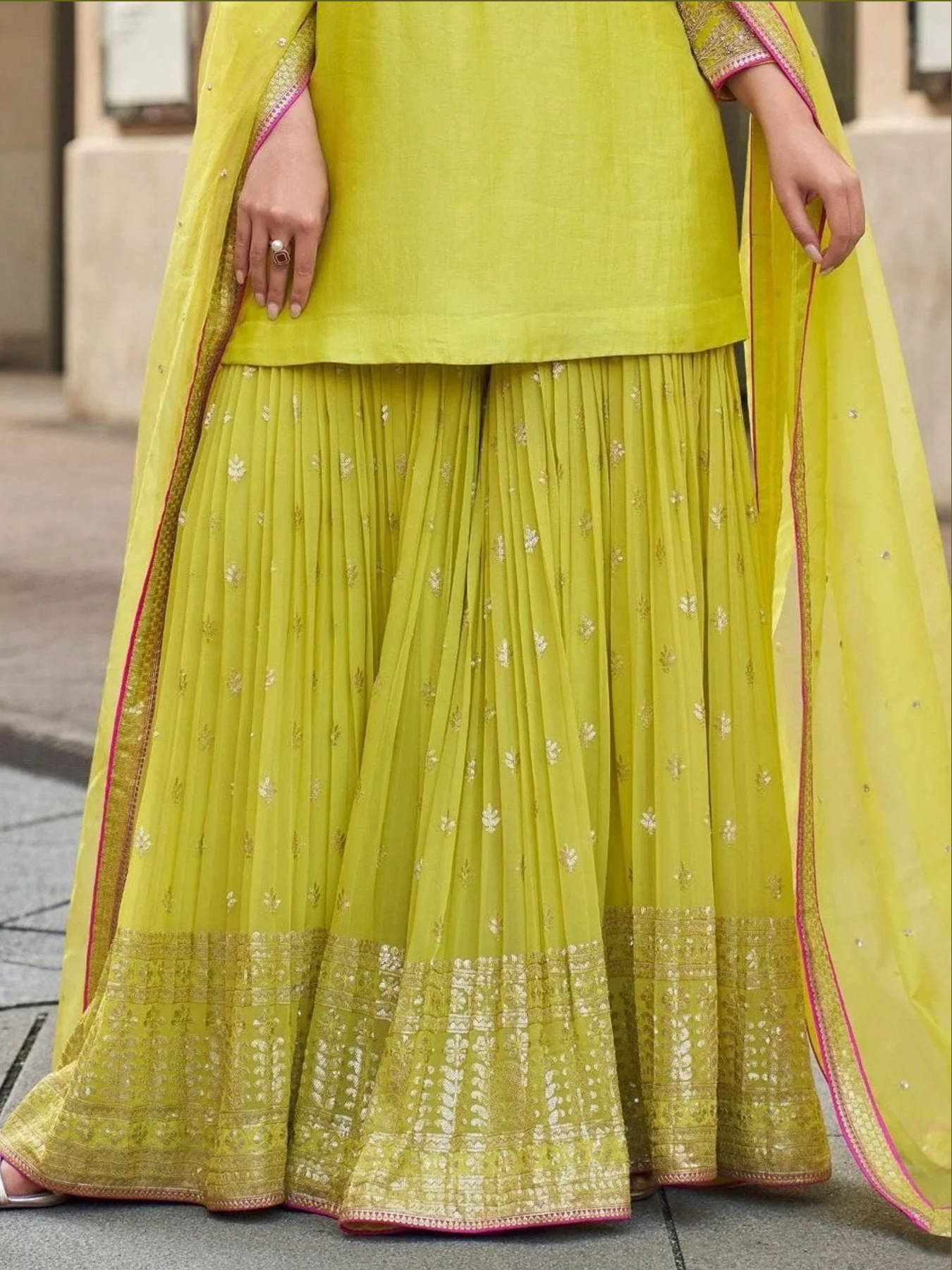 Lime Green Elegant Fully Stitched Fox Georgette Palazzo Suit