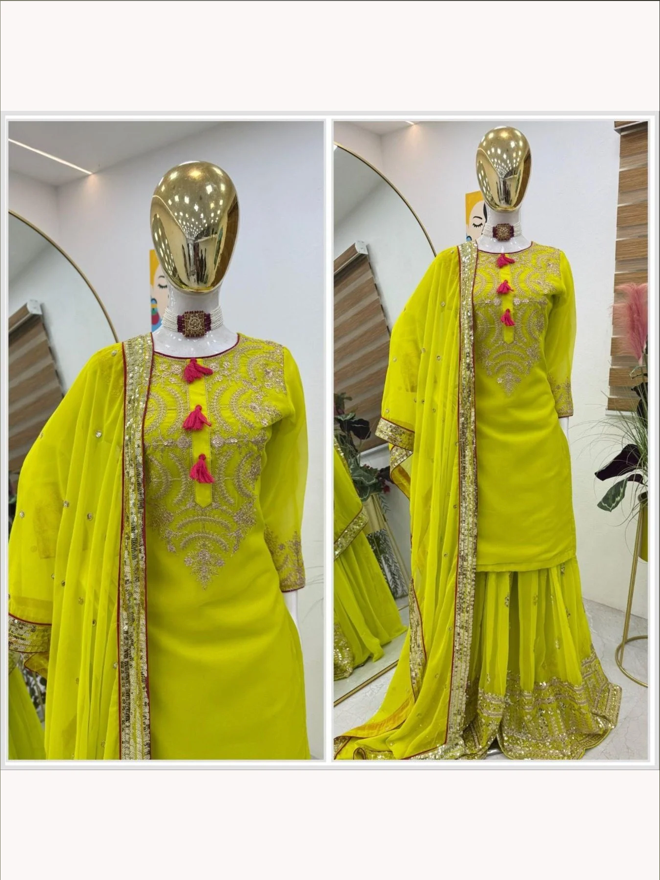 Lime Green Elegant Fully Stitched Fox Georgette Palazzo Suit