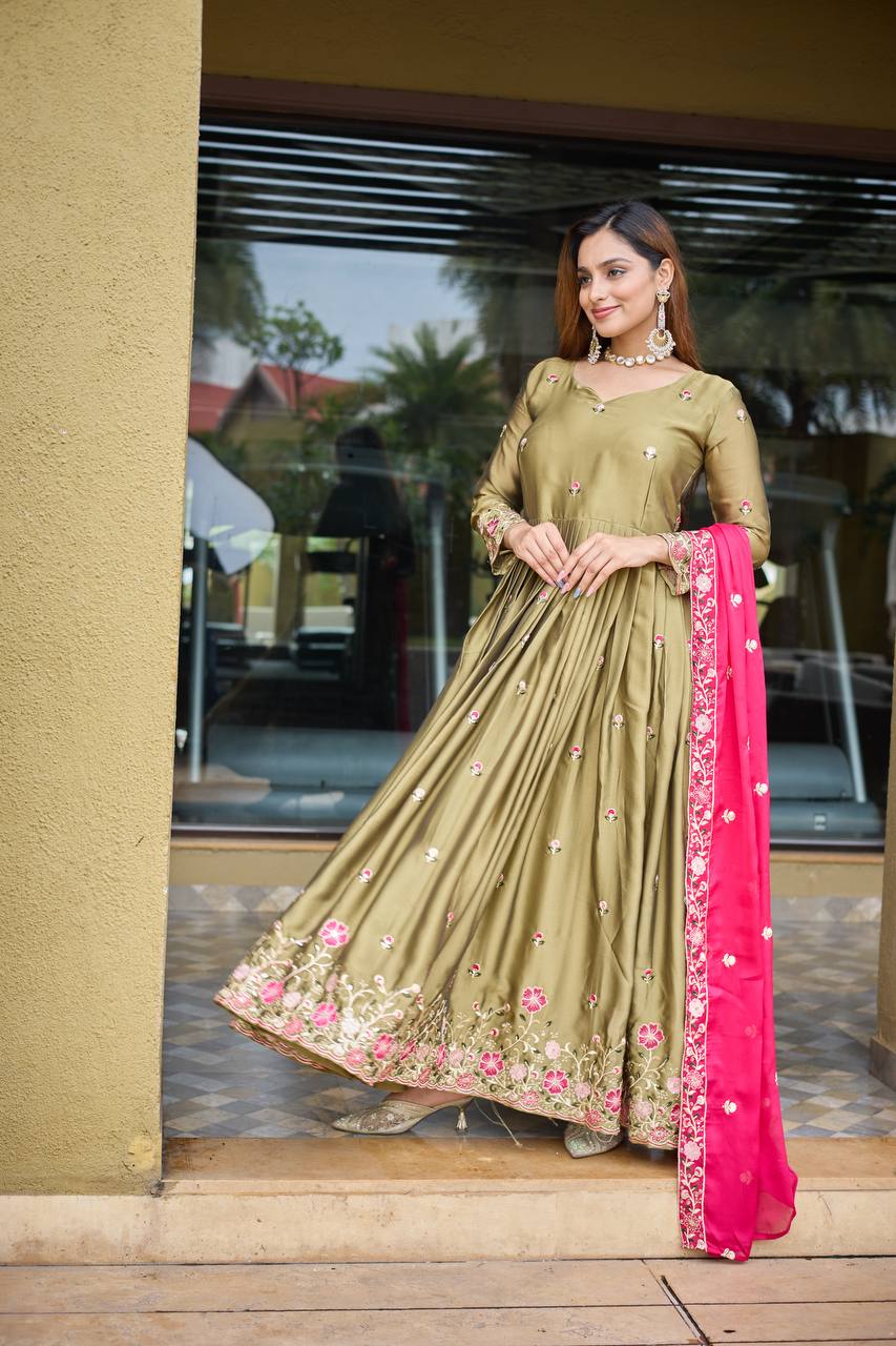 Olive Green Rangoli Silk Heavy Embroidered Gown Set