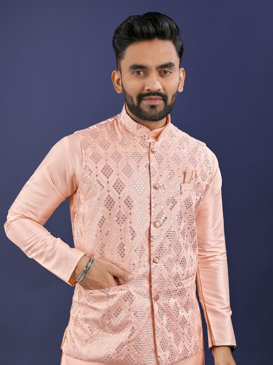 Regal Silk Koti‑Kurta Set – Embroidered Jacket, Kurta & Pajama