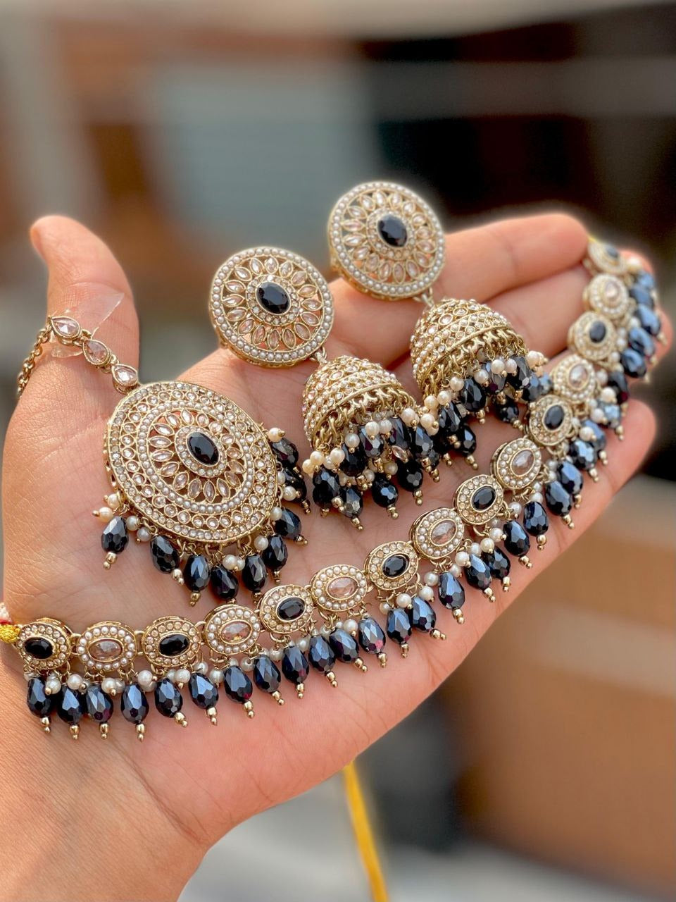 Premium Reverse AD Choker Set with Jhumka Earrings & Tikka