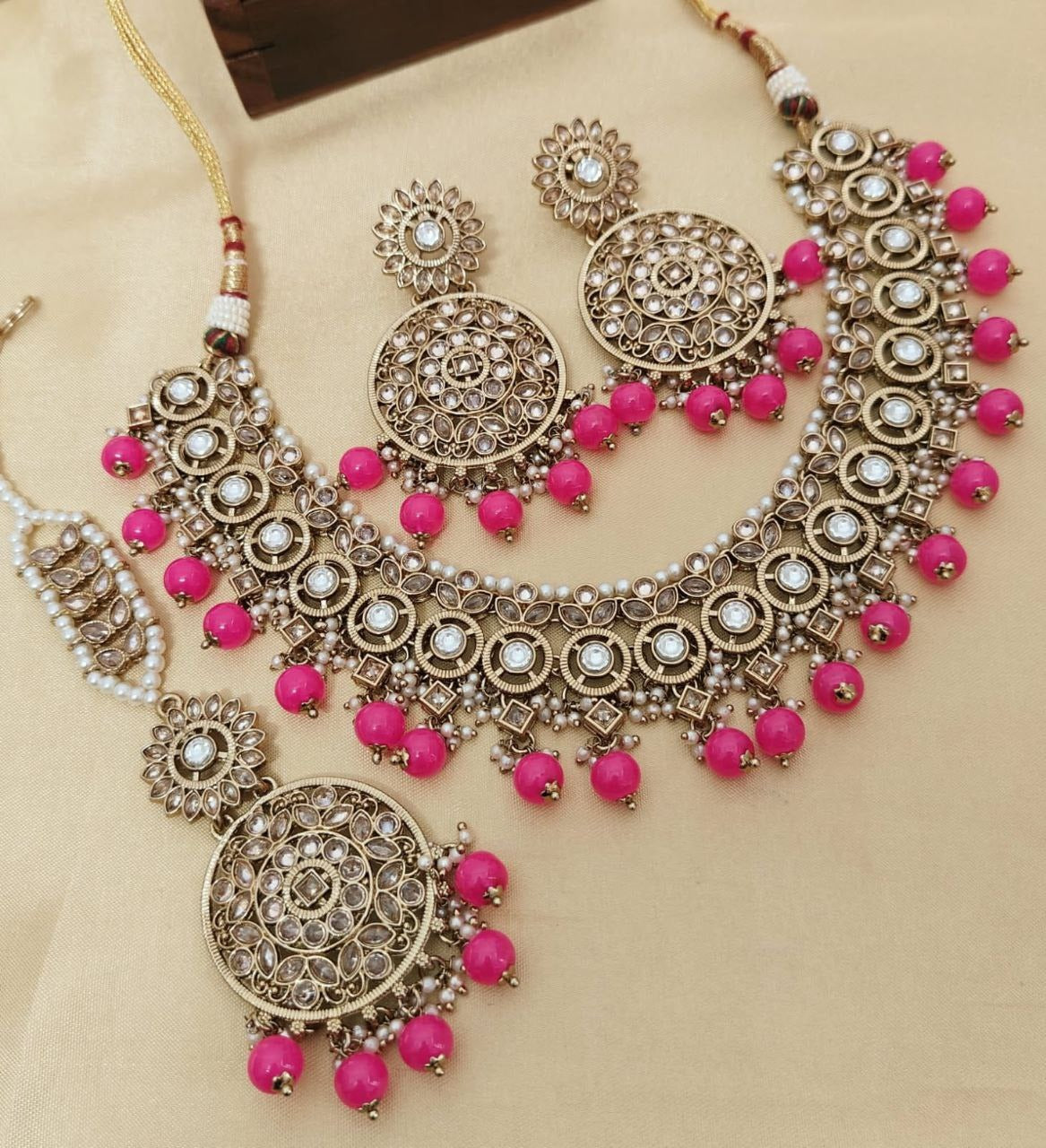 Elegant Reverse AD Stonework Necklace Set with Earrings & Tikka
