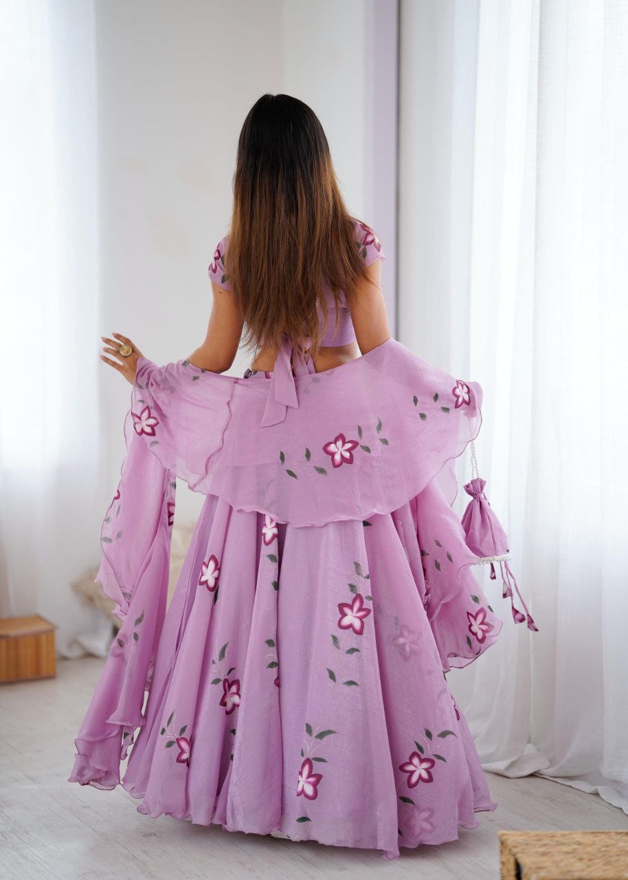 Candy Crush Handpainted Lehenga Set – Pearl Lace Blouse, Flair Lehenga & Cascade Dupatta