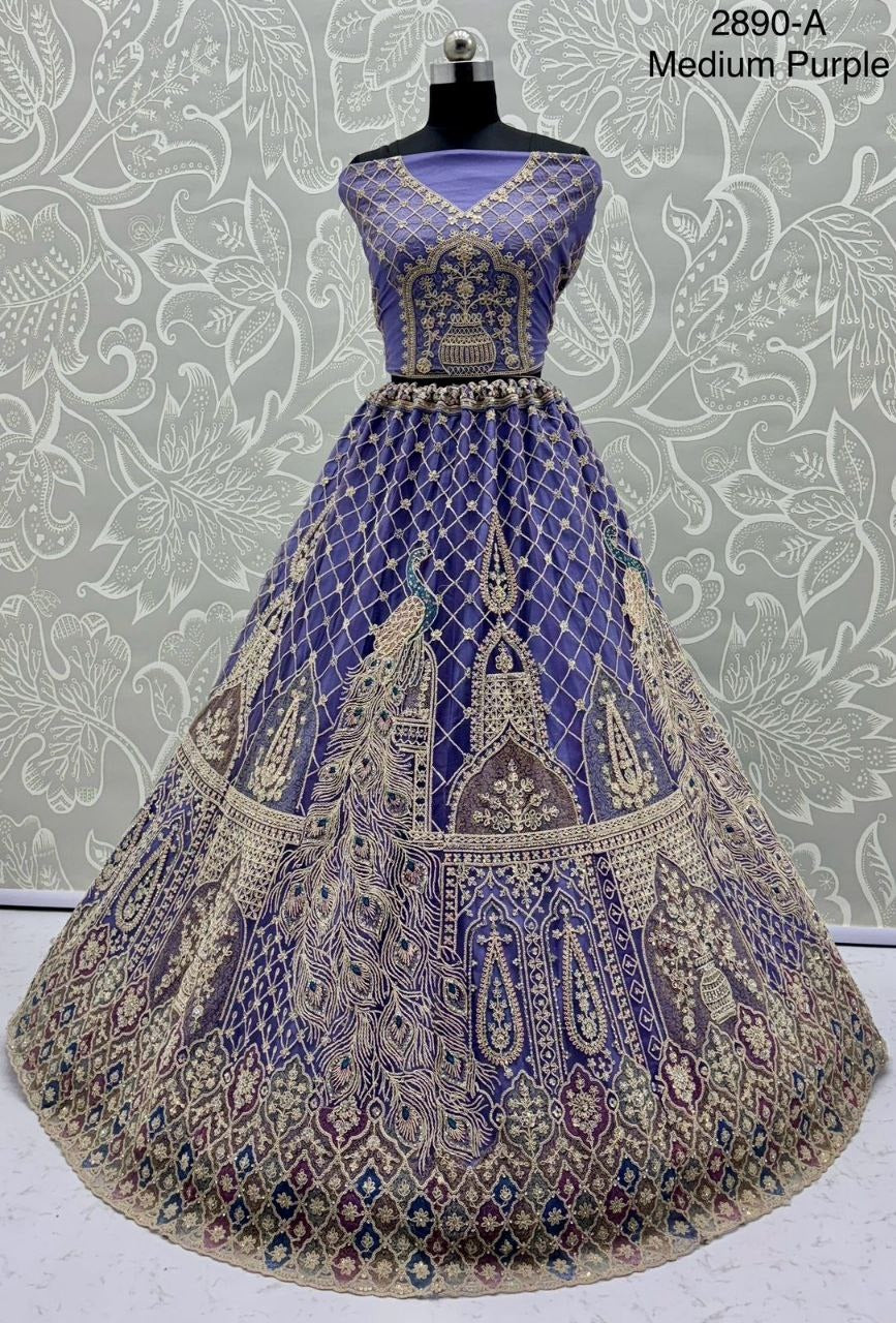 New Vibrant Wedding Wear Net Lehenga Choli with Peacock Embroidery, Zari & Diamond Work – Three Kali Pattern | Elegant Reception Ensemble