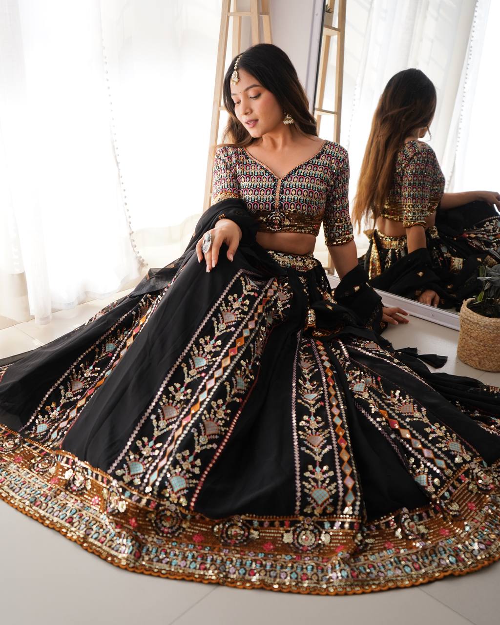 Elegant Black Faux Georgette Lehenga with Thread & Sequin Work