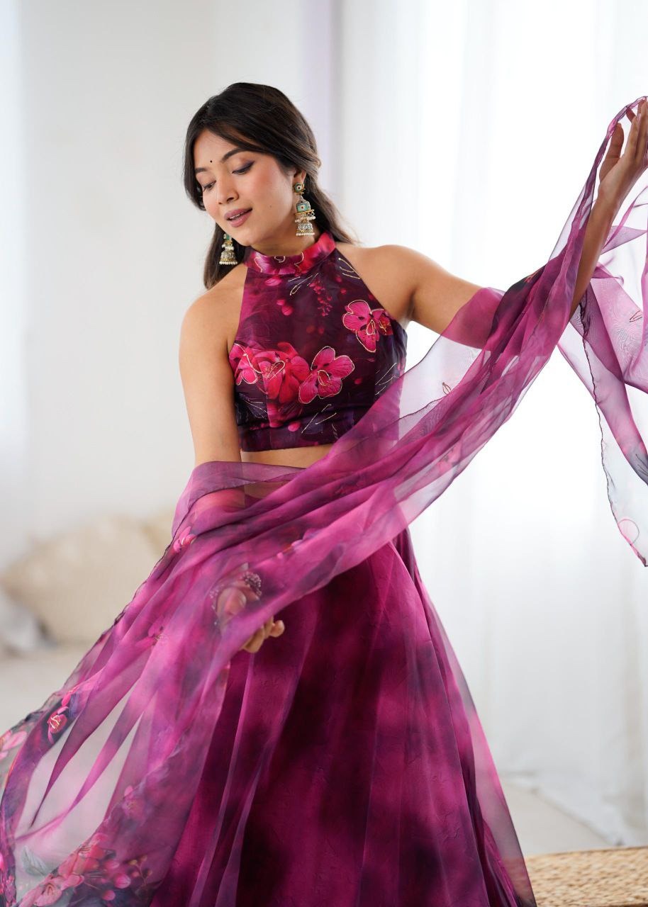 Pink & Burgundy Pure Organza Digital Print Lehenga Set with Jari Work