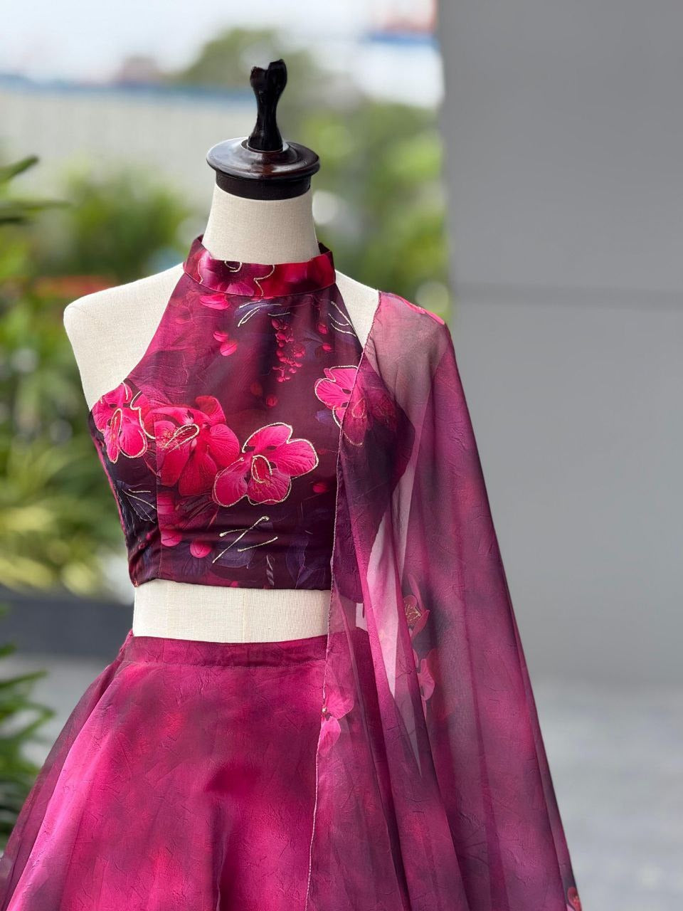 Pink & Burgundy Pure Organza Digital Print Lehenga Set with Jari Work