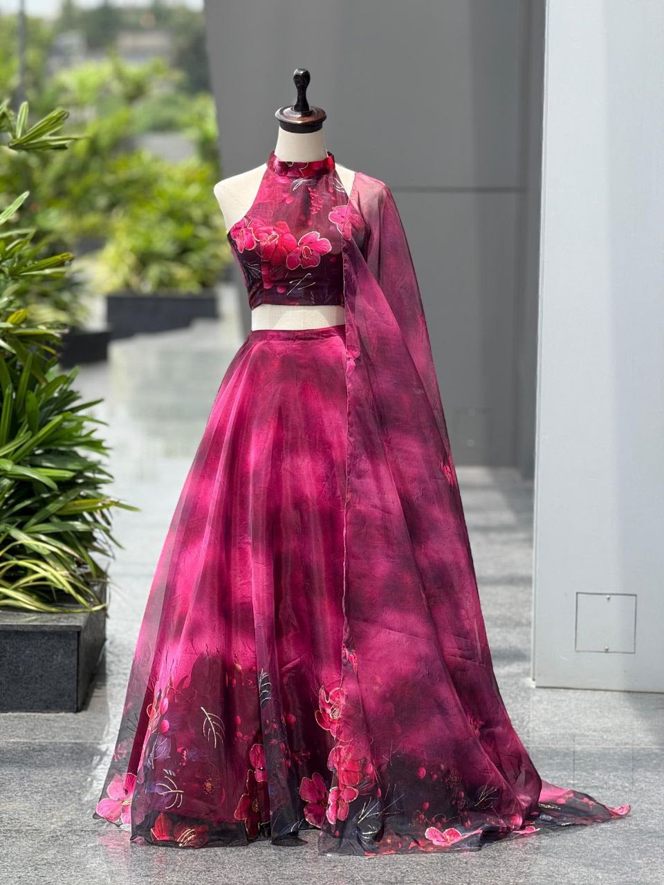 Pink & Burgundy Pure Organza Digital Print Lehenga Set with Jari Work