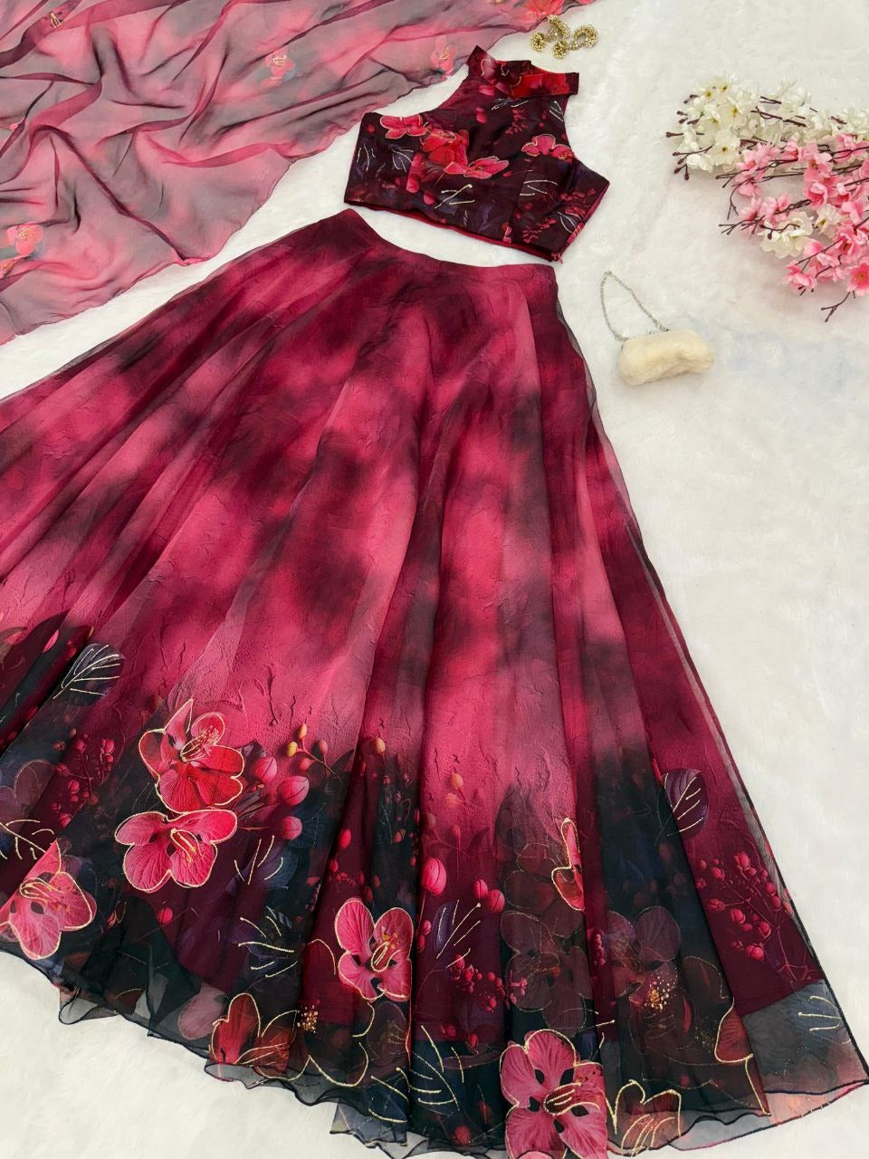 Pink & Burgundy Pure Organza Digital Print Lehenga Set with Jari Work