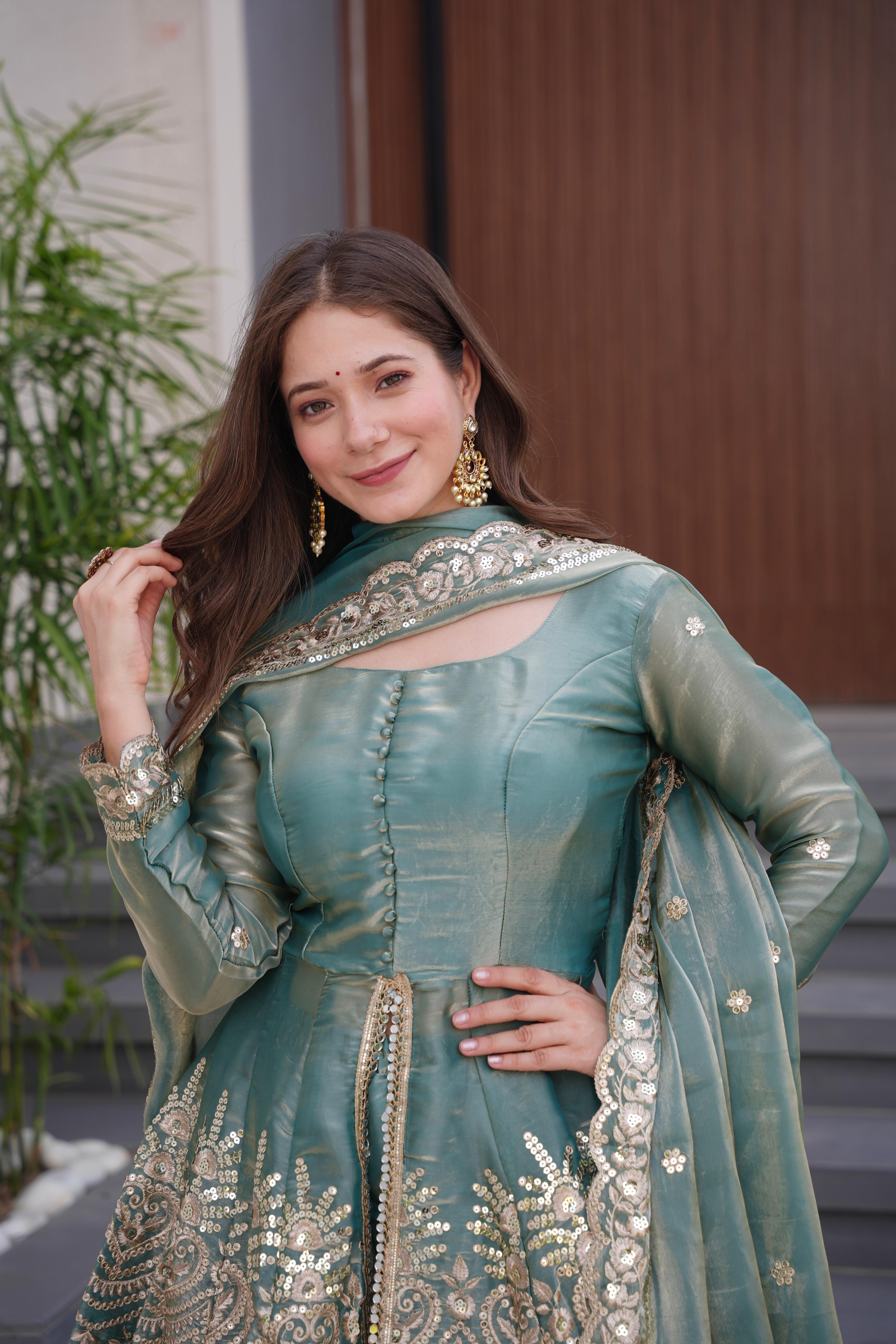 Teal Royale Fendy Satin Sharara Gown Set | Mirror & Sequin Designer Party Collection