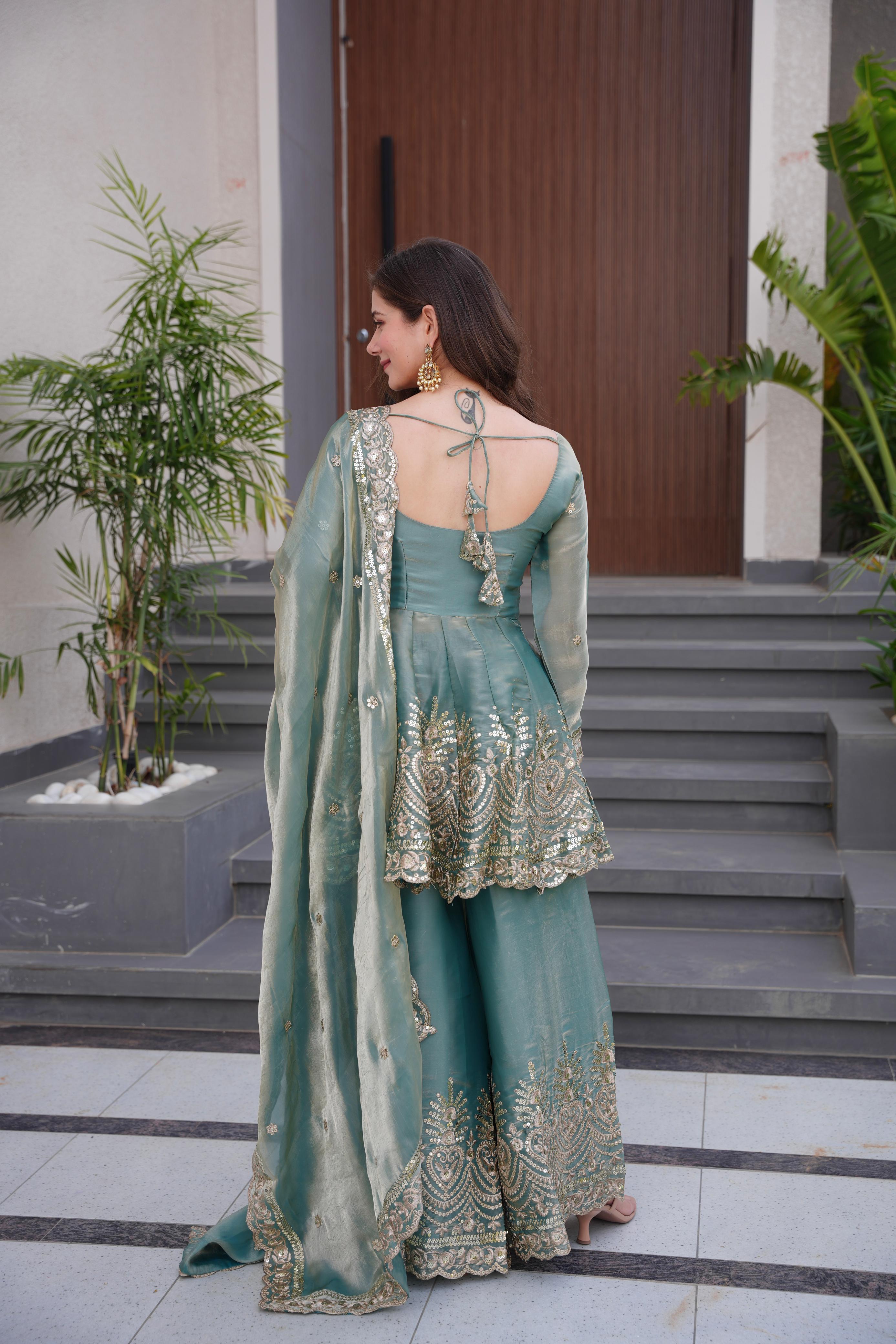 Teal Royale Fendy Satin Sharara Gown Set | Mirror & Sequin Designer Party Collection