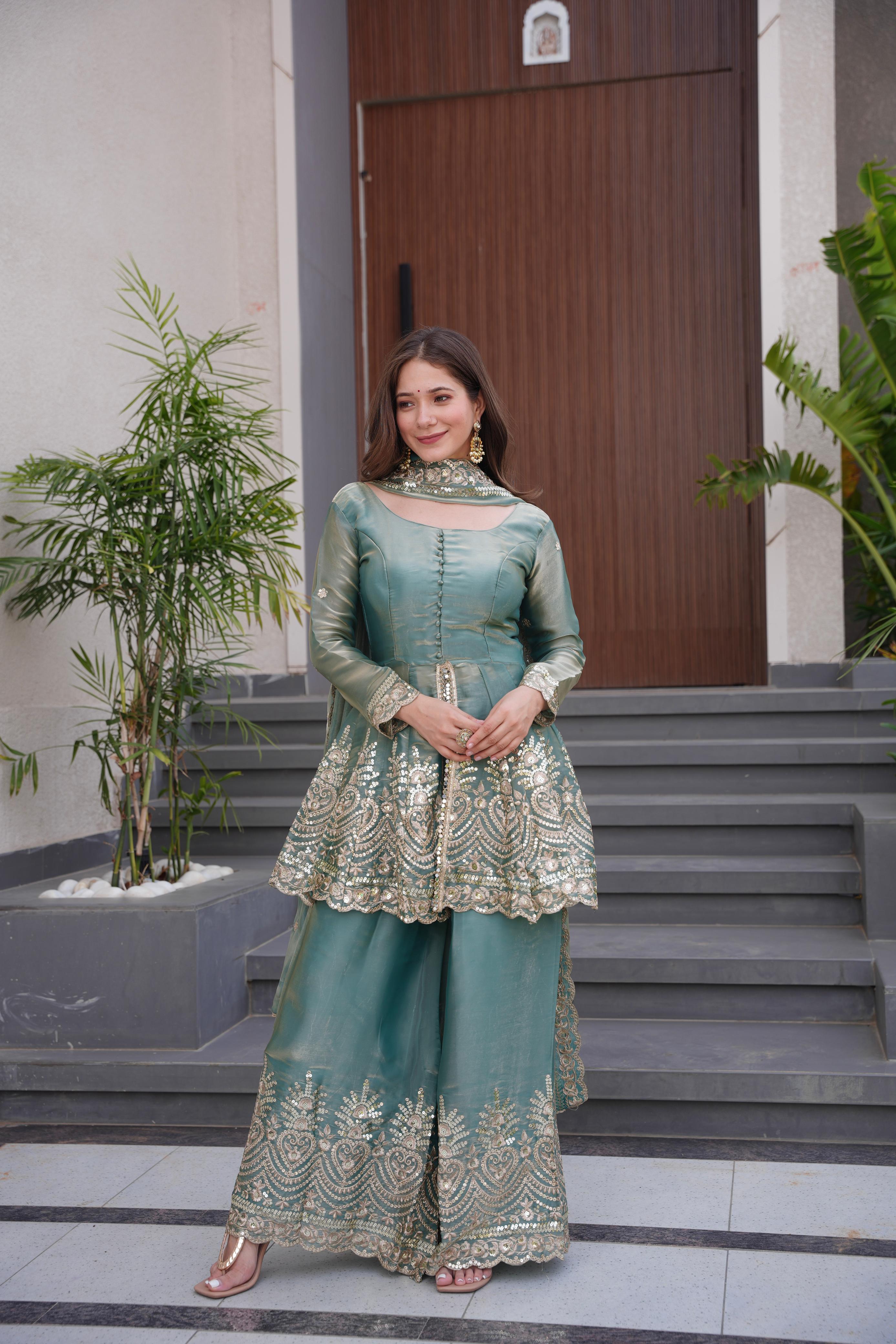 Teal Royale Fendy Satin Sharara Gown Set | Mirror & Sequin Designer Party Collection