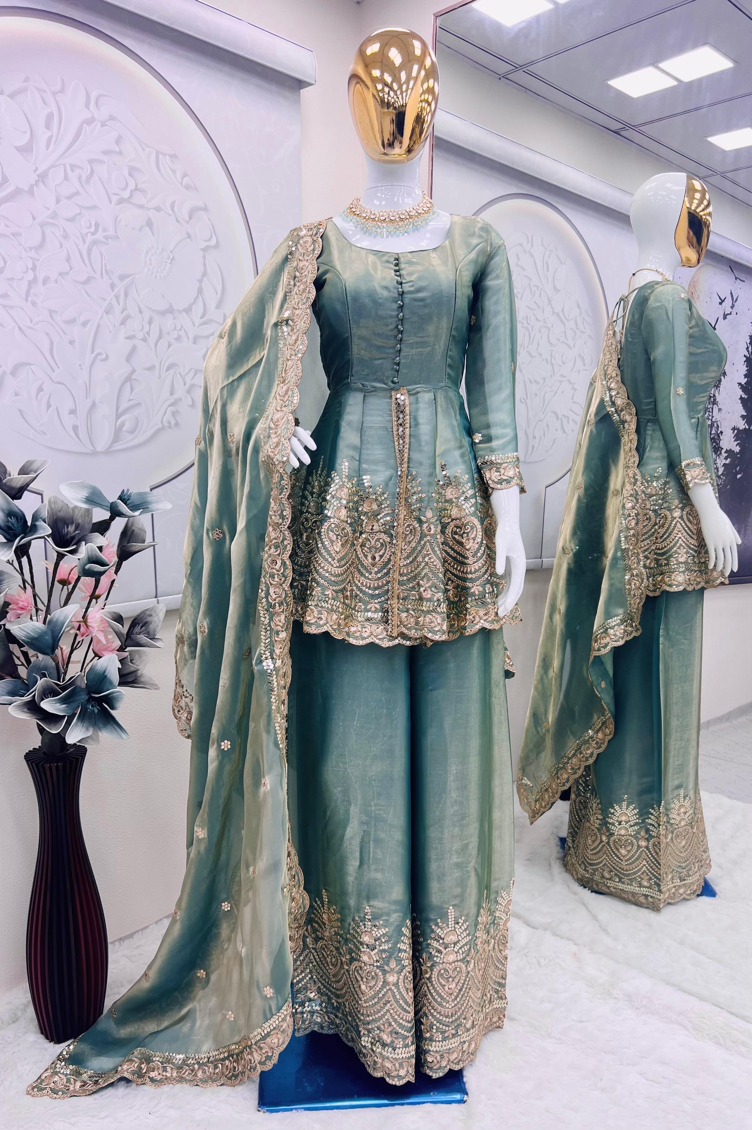 Teal Royale Fendy Satin Sharara Gown Set | Mirror & Sequin Designer Party Collection
